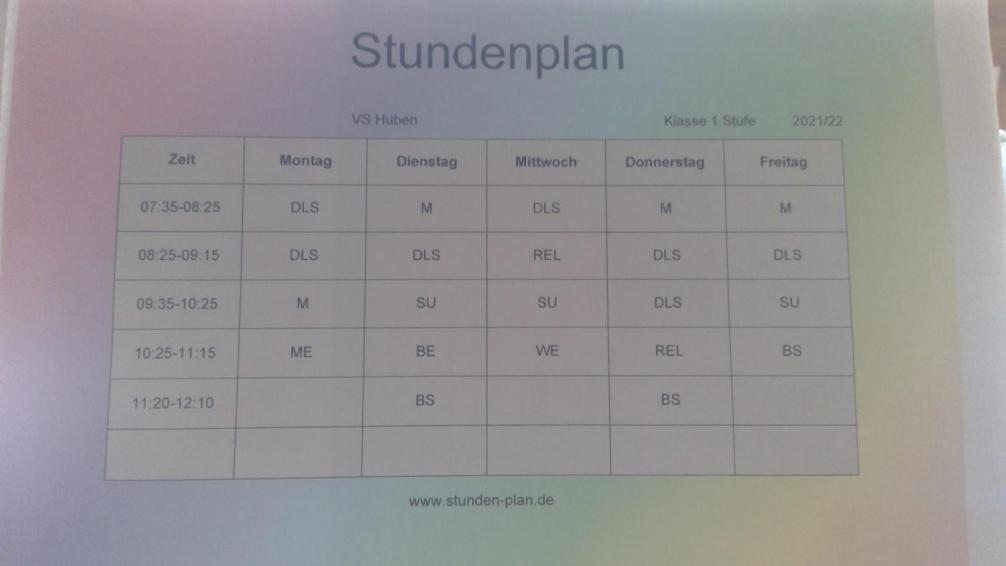Stundenplan der 1. Schulstufe